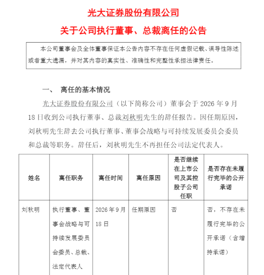 光大证券总裁，辞任！