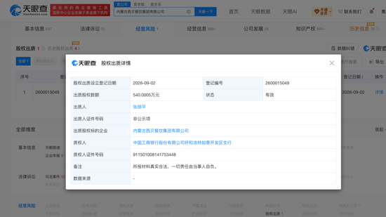 贾国龙妻子质押西贝股权	，数额约540万元